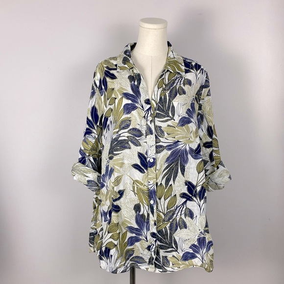 Tahari 100% linen leaf print button down top 1X vacation resort - Picture 1 of 13